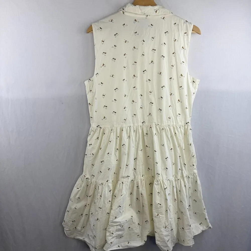 Kate Spade Sleeveless White Cotton Bees Print Mini Shirt Dress Size L